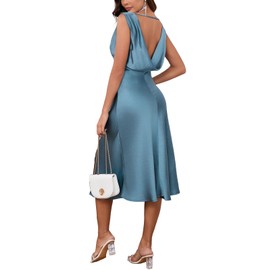 Summer Satin V Neck Backless Midi Dresses for Women 2024 Silky A line Formal Low Back Sleeveless Wedding Guest Long Dress Blue