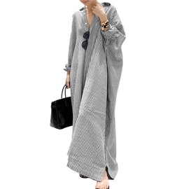 GGUHHU Womens Oversize Casual Maxi Striped Cotton Shirt Dress Loose Button Down Long Blouse Dresses (Large, Black)
