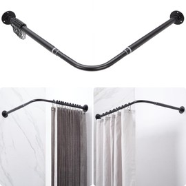 Crkmire L Shaped Corner Shower Curtain Rod, Adjustable [24.3" - 47.6"] x [24.3" - 47.6"] 90 Degree Square Shower Curtain Rod with 12 Hooks & Ceiling Support for Bathroom Bathtub - Matte Black