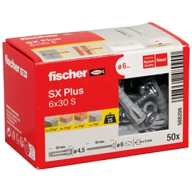 fischer Expansion dowels SX Plus 6 x 30 S, box of 50 nylon dowels and matching screws, dowels for optimal hold for fixings in concrete, solid brick, aerated concrete, perforated bricks and much more.