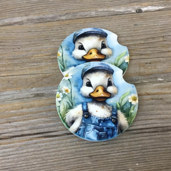 Unbranded Duck in Bib Overalls Car Coasters, Set of 2