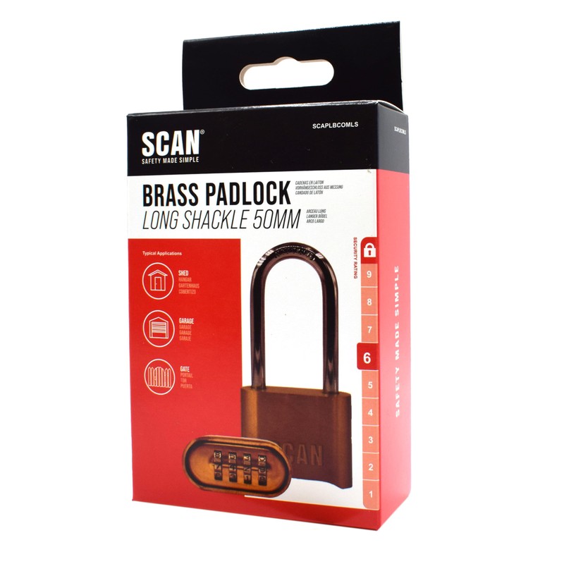 SCAN SCAPLBCOMLS Long Shackle Brass Padlock Combination, 50mm