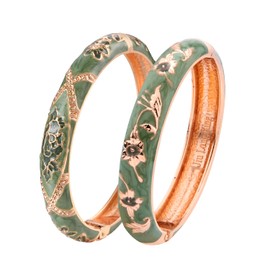 UJOY Vintage Jewelry Cloisonne Handcrafted Enamel Flower Gorgeous Bracelets Gold Hinged Cuff Bangles Gifts 55A81-55A128 Green