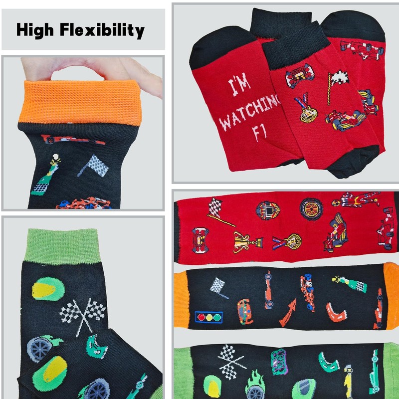 3 Pack F1 Socks for Men, Novelty Cotton Formula 1