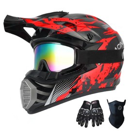 TTMiku Youth Kids Dirt Bike Helmet Motocross ATV Dirtbike BMX MX Go-Kart 4-Wheeler Quad Offroad Motorcycle Helmet Goggles Gloves Mask DOT Certified, Red Camo, M