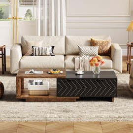 LITTLE TREE Expandable Wooden Coffee Table with 2 Drawers, Space-Saving Rectangular Farmhouse Center Table, Perfect for Living Room and Office, Brown and Black