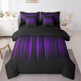 Feelyou Purple and Black Bed in a Bag Queen Size Boys Girls, Abstract Ombre 7 PCS Comforter Set & Sheets Gradient Purple Lines 7 PCS Bed in a Bag Set Purple Black Gradient Comforter Set & Sheets