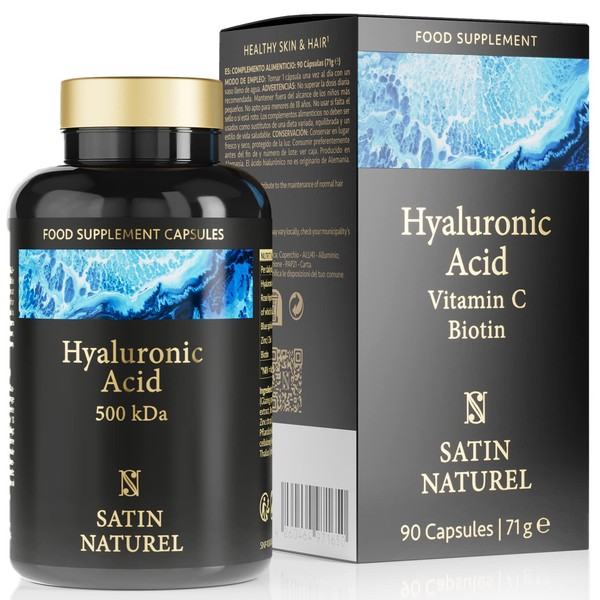 Hyaluronic Acid Capsules 562mg (500 KDA) - 90 Vegan High Strength Capsules - 3 Month Supply - Hyaluronic Acid Supplements with Vitamin C, Biotin & Zinc - Support Skin, Hair and Nails - Satin Naturel