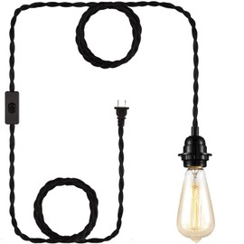 YIKEGE LICHT DIY 15ft Plug in Black Pendant Light Cord Farmhouse Vintage Ceiling Hanging Fabric Lamp Cord Kit Twisted Hemp Rope Switch E26 Socket Set Lighting Cable for Kitchen Living Room Corner