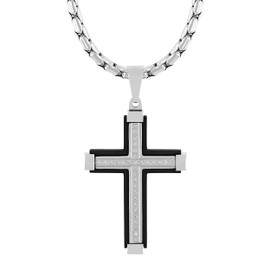 Men's Black Diamond Stainless Steel Necklace Crucifix Pendant Men 24" Chain with Pendant