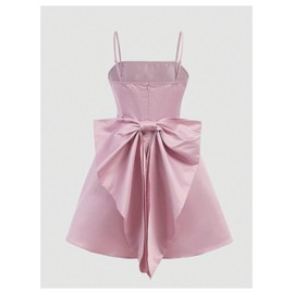 MakeMeChic Girl's Bow Knot Sleeveless Cami Dress Elegant A Line Flared Short Dress Dusty Pink 12Y