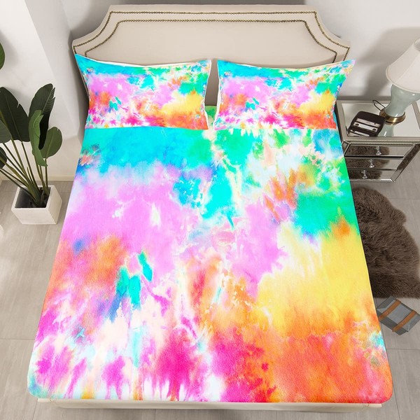 Colorful Tie Dyed Fitted Sheet Kids Tie Dye Bedding Sheet Set Orange Yellow Pink Blue Psychedelic Spiral Swirl Batik Boho Hippie Bed Cover Girls Teens Room Decor with 2 Pillow Shams(Rainbow,Full)