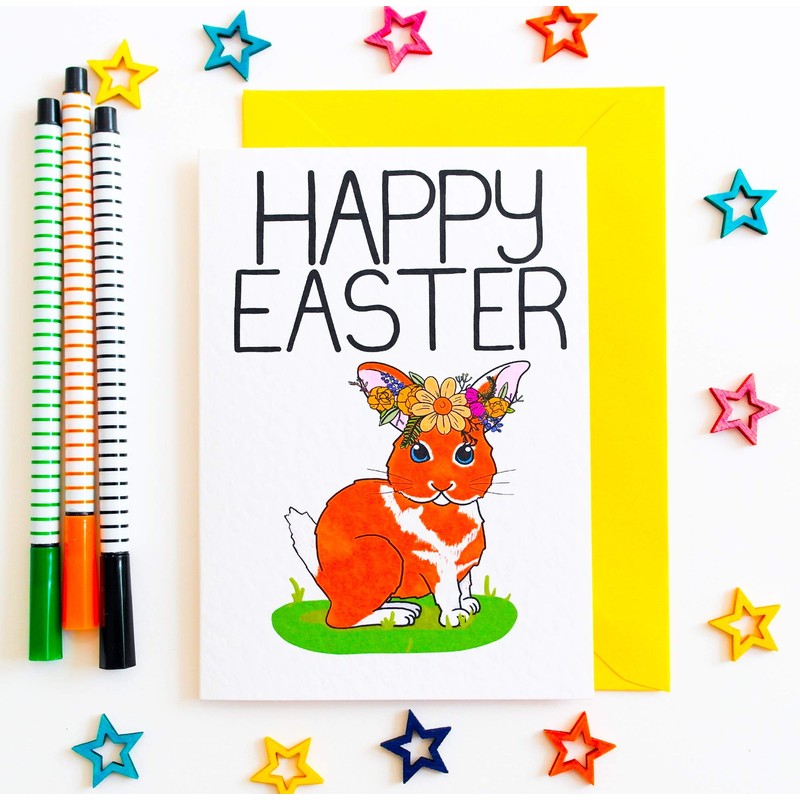 Happy Easter Card with Cute Easter Bunny Rabbit with Yellow