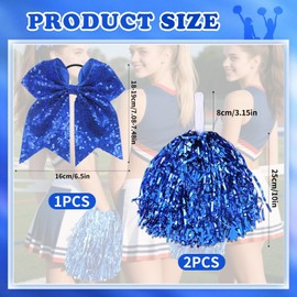 Cheerleading Pom Poms Set, 2 Pom Poms and 1 Large Cheer Bow, Colorful Sequined, Lightweight and Durable, Perfect for Cheerleading Events, School Spirit, and Sports Games