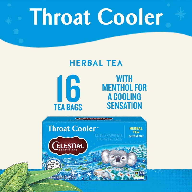 Celestial Seasonings Throat Cooler Herbal Tea, Caffeine Free, 16 Tea