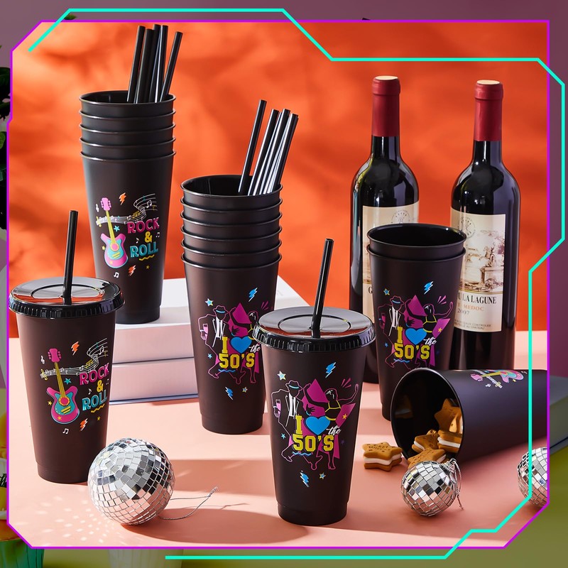 Uiifan 16 Pcs 50's Party Decorations 1950's Reusable Cups with