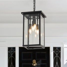 lighceac 10" Modern 4-Light Exterior Black Square Lantern Pendant Light Fixture with Clear Glass Industrial Hanging Cage Chandelier for Outdoor Porch Kitchen Island Dining Room Hallway Entryway Foyer