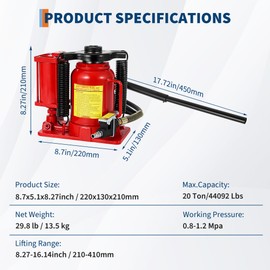 20 Ton Air Hydraulic Bottle Jack, Heavy Duty 44,000 Lbs Capacity, Pneumatic & Manual Car Jack for Trucks, SUVs, Low Profile Vehicles, All-Welded Design w/Safety Valve, 8.3"-16.1" Lift Range