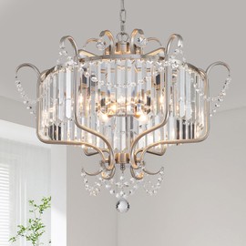 Cabvope Crystal Modern Chandelier 6-Light, 24" Brushed Nickel Dining Room Light Fixture Over Table Hallway Kitchen Bedroom Foyer Adjustable Height Hanging Ceiling Chandelier, Round