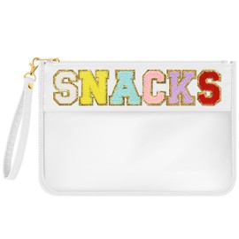 BOUBONI Chenille Letter Bag Clear Stuff Bag Flat Pouch Nylon and PVC Cosmetic Bags Travel Makeup Bag Zipper Pouches Toiletry Bag With Wristlet for Women Girls (White-Snacks)
