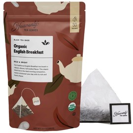 Heavenly Tea Leaves Organic English Breakfast (50 Pyramid Tea Bags), Bulk Compostable Black Tea Sachets - 100% Plastic Free, Premium Quality, Whole Tea Leaves in a Convenient Tea Bag