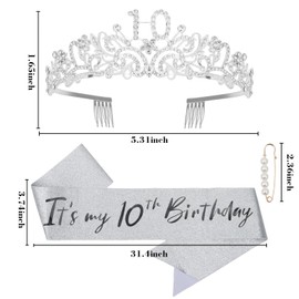 Semato 10th Birthday Decorations for Girls - Silver 10th Birthday Crown and Birthday Glitter Sash Kit for Girls 10th Birthday Gifts for Girls Birthday Party Supplies and Favors