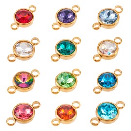 Pandahall 12Pcs Flat Round Birthstone Charms Glass Rhinestone Links Crystal Birthstone Charms Stainless Steel Connector Pendants 12 Colors for Earring Necklace Bracelet Keychain Making