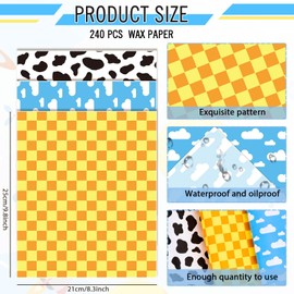 Whaline 240 Sheet Cartoon Story Wax Paper Blue Sky Cow Print Yellow Checkered Deli Paper Toy Inspire Game Wrapping Tissue Basket Liners for Birthday Baby Shower Party