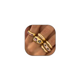 6Pcs Gold Statckable Layered Knuckle Rings for Women,Vintage Chunky Colorful Crystal Open Rings Set,Trendy Unique Finger Aesthetic Jewelry(Peach,Peach)