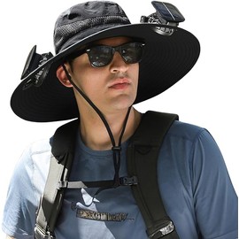 LYRIMEAI Solar Fan Hat for Men, UPF 50+ Wide Brim Bucket Hat with 2 Removable Fans, Cooling Sun Hat for Hiking, Fishing, Outdoor, USB & Solar Powered, Black