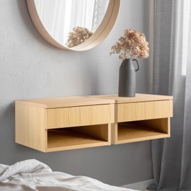 JONATHAN Y NST2002C Ettore 15.71" Mid-Century Modern Floating Wall Mounted Nightstand with Soft-Close Drawer and Cable Hole, Light Oak