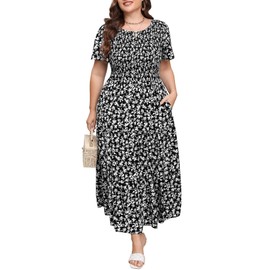 Younrui Womens Plus Size Long Maxi Dress with Pockets Floral Smocking Flutter Sleeves Tiered Layers Casual Dresses