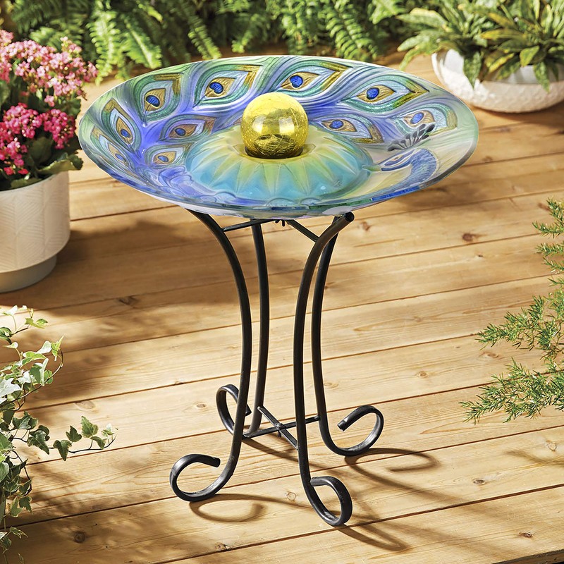 Hi-Line Gift 78415-F Solar Orb Peacock Glass Bird Bath with
