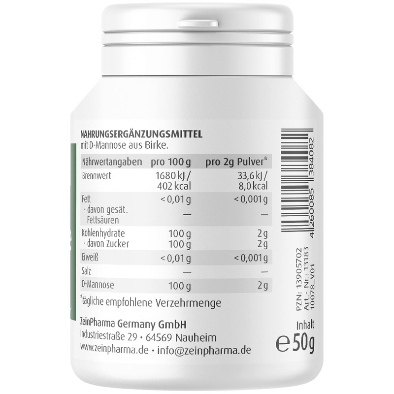 ZeinPharma D-Mannose Pulver 50g (Monatsvorrat) - dietätische Behandlung gegen Blasenentzündung