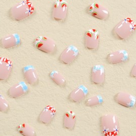 Press on Nails Square Short French Tips Glossy Full Cover Acrylic Square Summer False Nails with Flower Fruits Star Designs Artificial Short Coffin Fake Nails with Glue Stick on Fingernails for Women