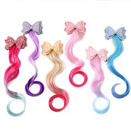 Lopsity 6PCS Wig Hair Clip Bows for Girls Colored Curly Hair Extensions Clips Curly Wig Hair Extension for Kids Princess Costume Dress up Hair Accessory (A)