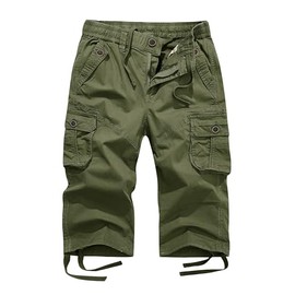 Foursteeds- Pantalones cortos de senderismo capri de algodón de tiro medio para mujer, pantalones cortos cargo con cordón y múltiples bolsillos, pantalones cargo recortados con cintura elástica, verde