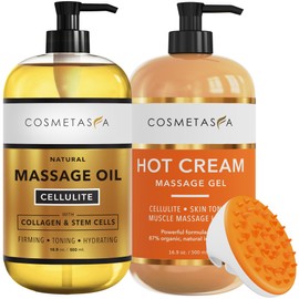 Cosmetasa Cellulite Massage Oil, Gel & Mitt - Natural Hot Cream Massage Gel, Oil & Massager - Firm, Tone, Tighten & Moisturize Skin. Soothes Muscles (16.9 oz)