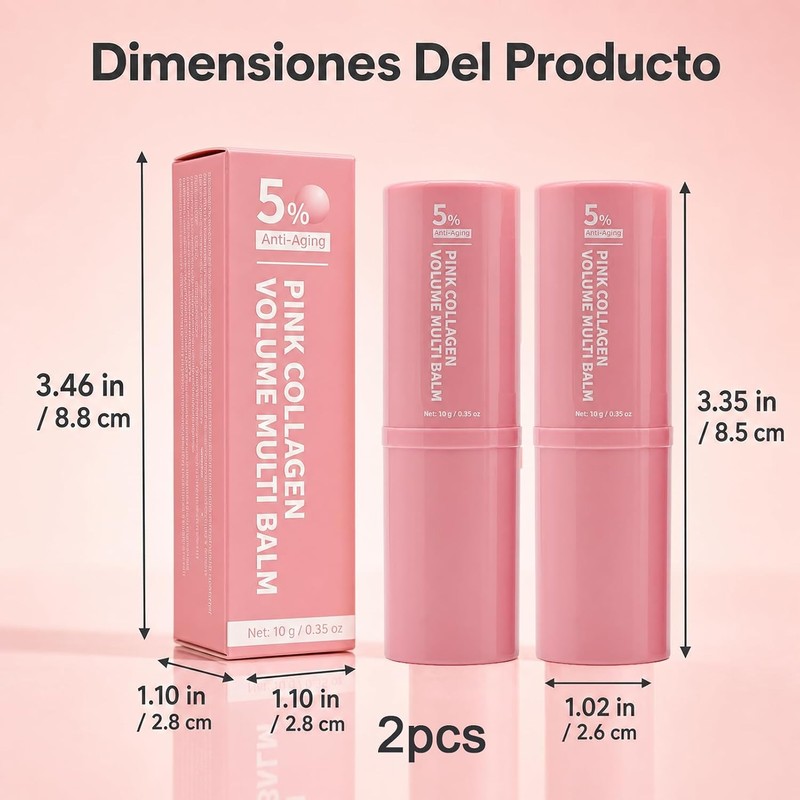 2Pzs Pink Collagen Volume Multi Balm Stick,Barra Hidratante Con Colágeno