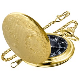 Realpoo Both Sides Gold Carved Flower Quartz Pocket Watch Quartz Movement, Quartz Pocket Watches with Chain Clip for Men-Gold
