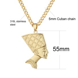 SAELACY Egyptian Queen Nefertiti Necklace for Women Men Teens, 14K Gold Plated Nefertiti Pendant with 5mm Wide Stainless Steel Cuban Chain Necklace, Big and Small Head (chain length: 22”, large-55mm)