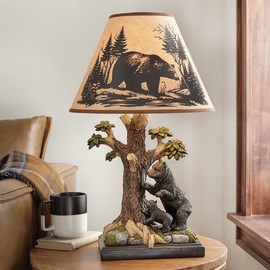 BLACK FOREST DECOR Woodland Bear Scene Lamp – Rustic Table Lamp with Bear Base and Forest Shade, 14" Dia. x 23" H