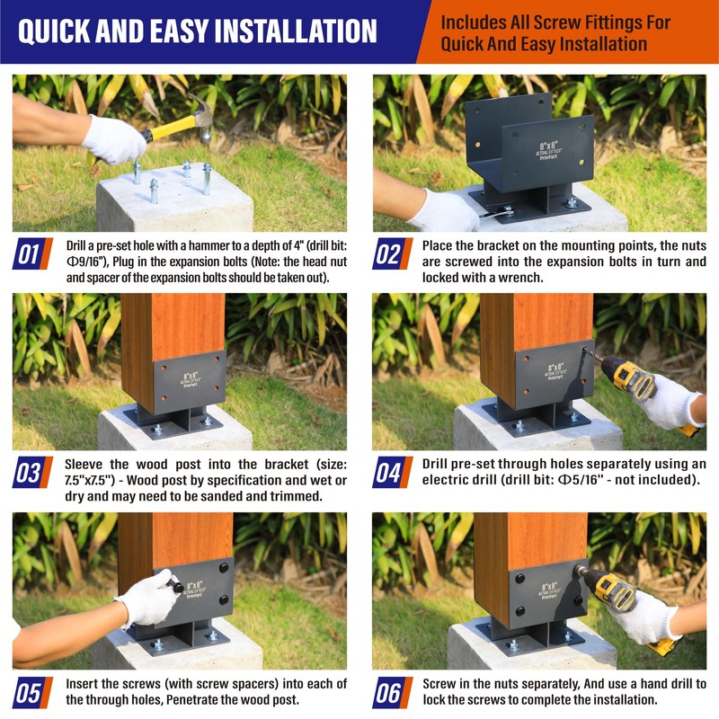Stainless Steel 8"x8"(Actual 7.5"x7.5") Post Base Bracket Concrete, Dry Set