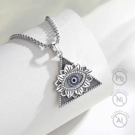 Vito 925 Sterling Silver Evil Eye Necklace for Women Men, Eye of Providence Necklaces All Seeing Pendant Vintage Christian Triangle Protection Amulet Religion Jewelry for Mom Dad, 22"