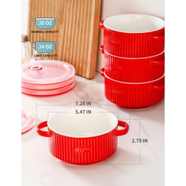 Seyatoo Soup Bowl with Handle, Ceramic French Onion Soup Bowl with Lid, Microwavable Bowls with Lid Set of 4 for Soup, Cereal, Oatmeal, Red