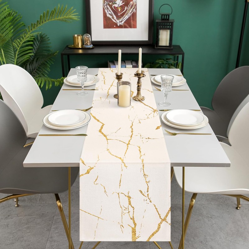 Table Runner Spring Summer Modern White Marble Golden Texture Tablecloth