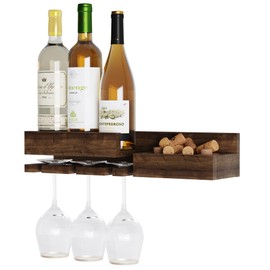 Rustic State Fiano Wall Mounted Wine Rack Stemware Rack Glassware Holder Wine Accesorries Cork Storage Unit Shelf Organizer - Home Kitchen Dining Room Bar Décor - Chestnut