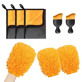 Autopflege Set,7 Stück Autopflege Set mit 3 pcs Mikrofasertücher Auto,2Pcs Mikrofaser Waschhandschuh &2er Auto Innenreinigung Weiche Bürsten,600GSM Mikrofasertücher Autos,Poliertücher Trokentuch