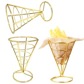 Jicyor Stainless Steel Chip Stand, Pack of 3 Cone Shape French Fries Holder Stand, Durable Gold Chip Stand for Families, Restaurants, Cafés, Bars, Snack Bars, Weddings, Parties