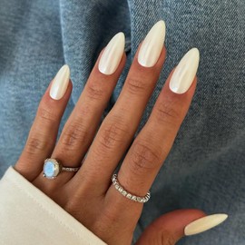 Qsnidy Chrome Press On Nails Almond, Glazed Pearl White Glue on Nails Medium Press Ons, Acrylic Natural Fit Stick on Nails in 12 Sizes - 24Pcs Fake Nail Kit for Women Daily & Party Wear